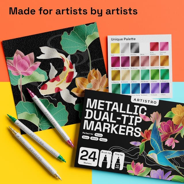 Detalle 2 de ARTISTRO 24 Metallic Acrylic Paint Pens (Dual Tip: Brush & Fine) – 24-Colour Art Set for Multiple Surfaces
