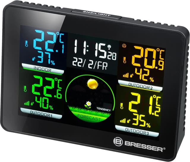 Detalle de Bresser Wetterstation Funk 7000023 mit Außensensor Thermo/Hygro Quadro NLX (3 Außenfühler, DCF, Farbdisplay)