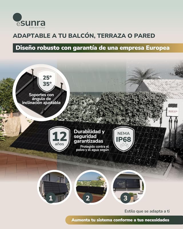 Detalle 2 de ESUNRA Kit Solar Balcón 800W 🌞 Bifaciales, Plug & Play