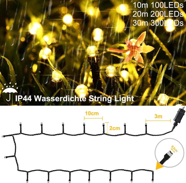Detalle de Meision Lichterkette Außen Strom 20 m (200 LEDs) mit 8 Modi, Timer & Speicherfunktion (Warmweiß, IP44)