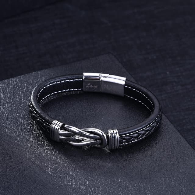 Detalle de To My Son Leather Bracelet with “Love My Son” Engraving and Stainless Steel Clasp – braided gift for men