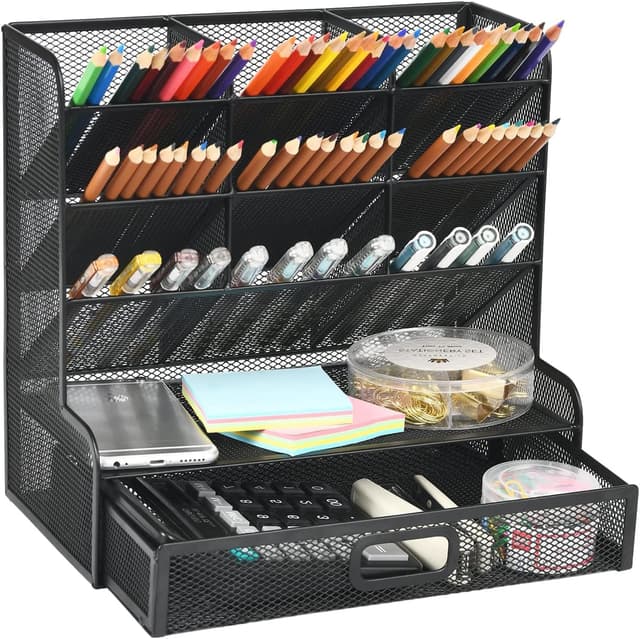 Detalle de Marbrasse Mesh Desk Organiser with Drawer (9 Compartments) for Pens, Stationery & Small Supplies