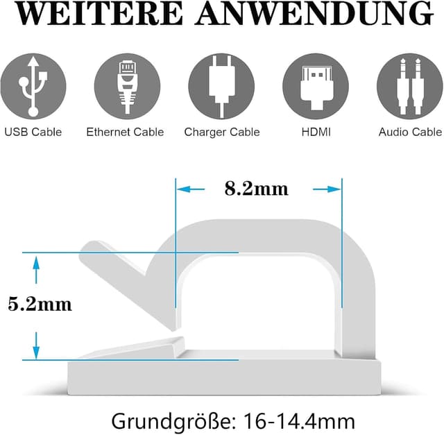 Detalle 2 de SZFUDIGO 50 clips pour câble avec adhésif 3M (nylon PA66) – support mural noir ou blanc, pour câbles jusqu’à 5 mm