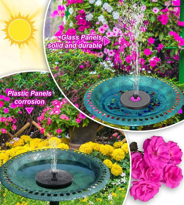 Detalle de SZMP Fontana solare da giardino 3,5W in vetro con pompa, 7 ugelli e 4 fissatori (kit per laghetto, vasche e bagno per uccelli)