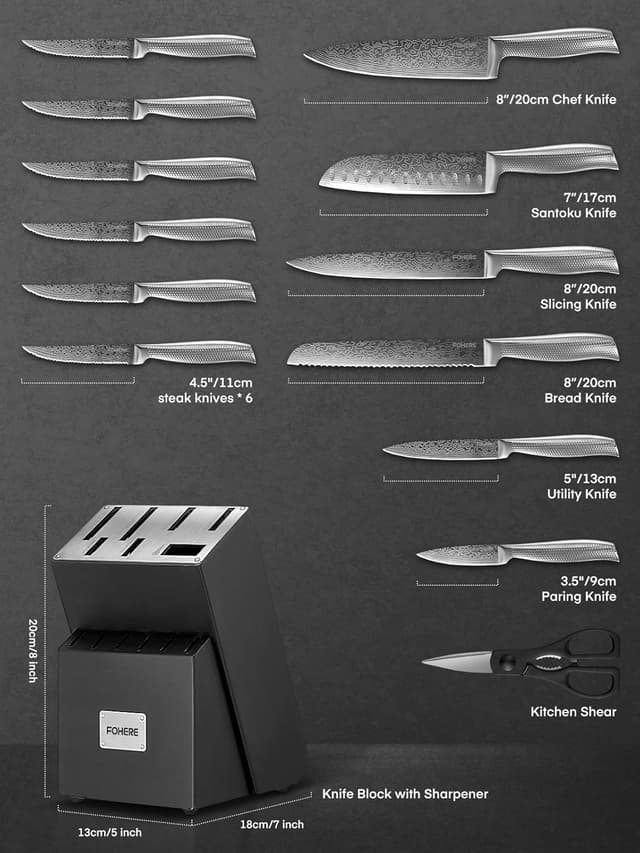 Detalle 2 de FOHERE Juego de Cuchillos Cocina 14 pzas🗡️ Autoafilado y Mango Ergonómico