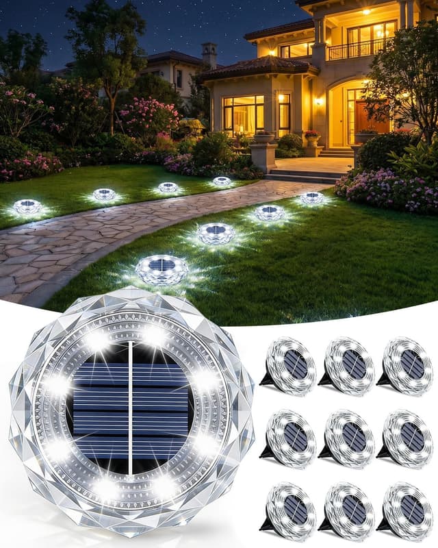 Detalle de KALAHOL 10-Pack Solar Garden Lights (8 LEDs) for Pathways, IP65 Waterproof – Cold White