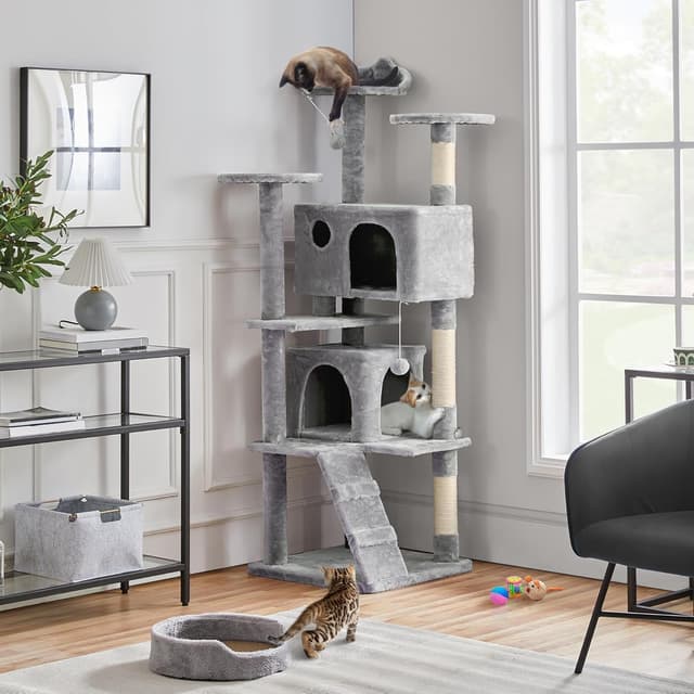 Detalle 2 de Yaheetech Large Cat Tree (178cm) with 2 Condos, Perched Platform and Scratching Posts – Light Grey