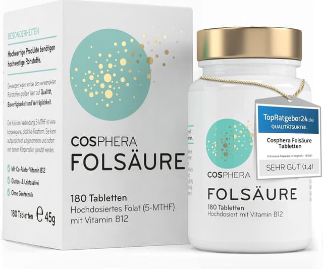 Detalle de Folsäure-Tabletten (800 μg Folat + 25 μg Vitamin B12) mit 5-MTHF – 180 vegane Tabletten im 6-Monatsvorrat