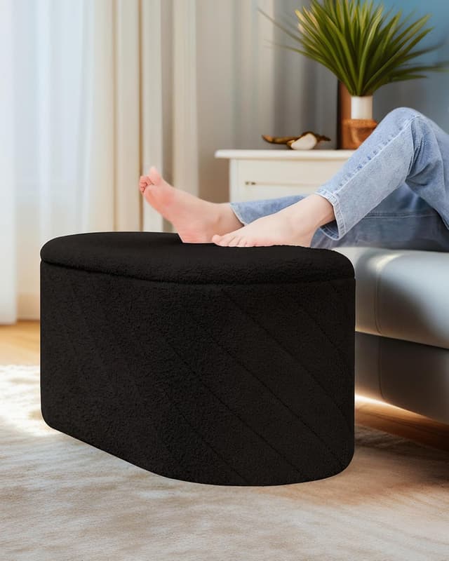 Detalle 2 de Bonlife Oval Ottoman with Storage Bench (Boucle) – Black, 76x38x38cm