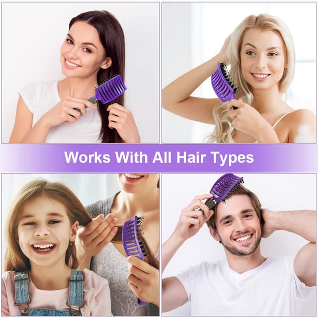 Detalle 2 de URAQT Haarbürste mit Wildschweinborsten & Nylon – Profi-Entwirrbürste mit Griff (lila)