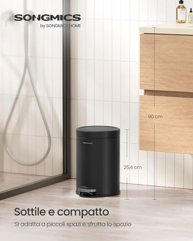Detalle 2 de SONGMICS Cestino da Bagno a Pedale LTB013BZ01 da 3 L in acciaio nero, con coperchio a chiusura morbida