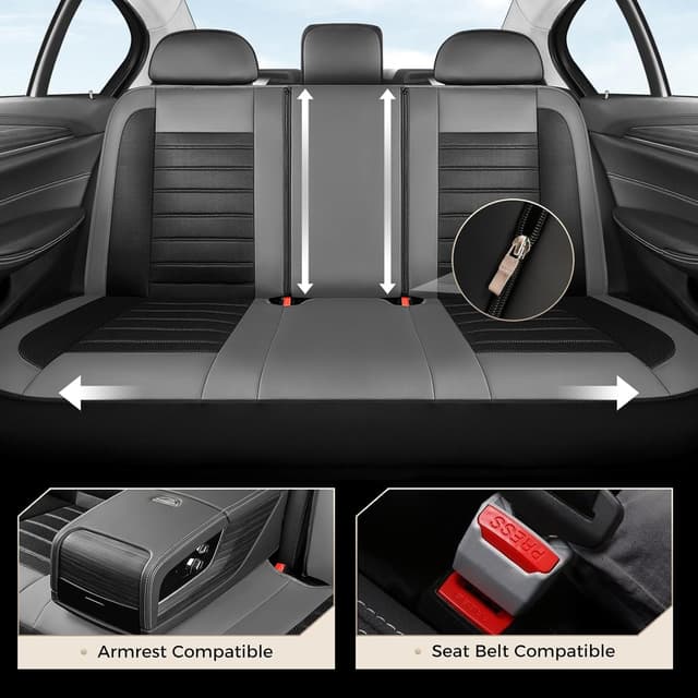 Detalle de Coverado Car Seat Covers Full Set (5 Seats) in Black Gray – Luxury Leather + Mesh Protectors