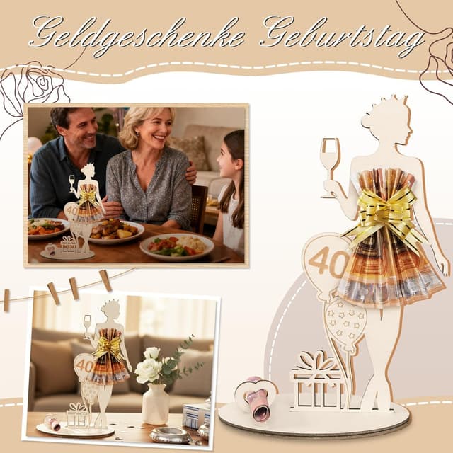 Detalle de Geldgeschenke Geburtstag Frau (40. Geburtstag) – personalisierbares Holz-Schild als Gästebuch