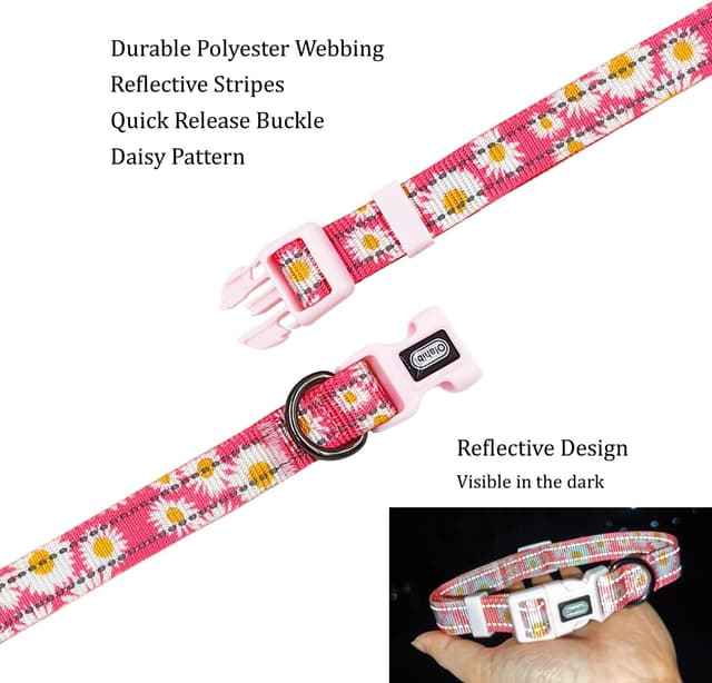 Detalle 2 de Olahibi Basic Dog Collar (M, Pink Daisy) with Reflective Stripes