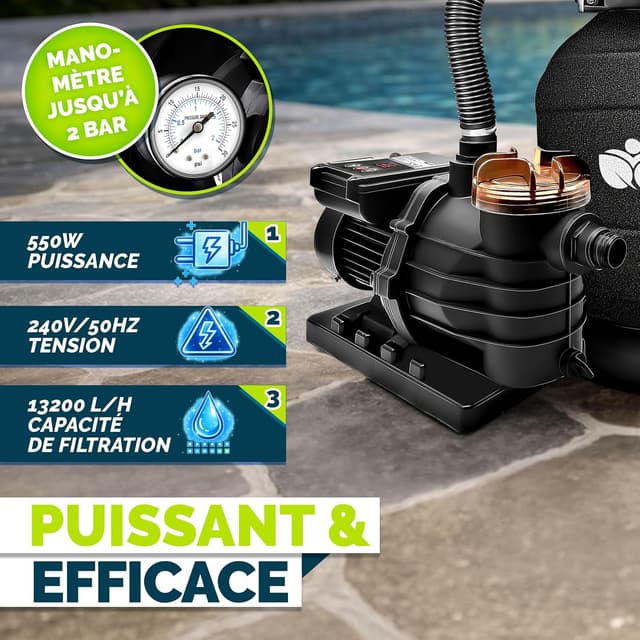 Detalle de Système de filtration à sable tillvex® 13 200 L/h avec vanne 7 voies, indicateur de pression et boules filtrantes
