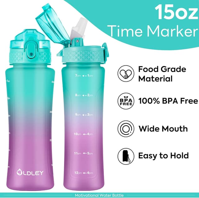 Detalle de Oldley 450ml/15oz kids water bottle with straw lid, time markings and one-touch opening (BPA-free, leakproof)