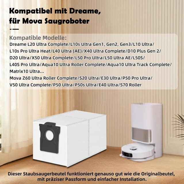 Detalle 2 de 12 Staubbeutel für Dreame L20/X40/X50 Ultra & Mova S70/E30/V50 – 3,2 l Staubsaugerbeutel (kompatible Ersatzbeutel)