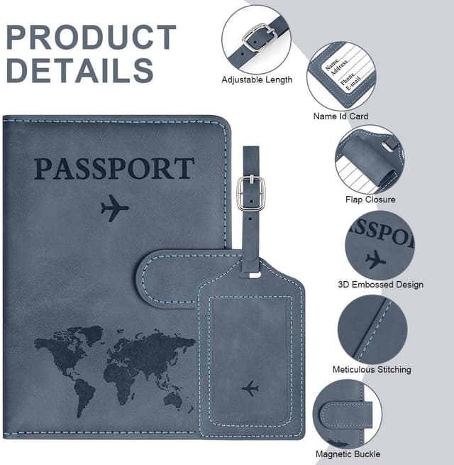 Detalle de OFFCUP Passport Holder Cover with RFID Blocking and Luggage Tag Set (Sea Blue)