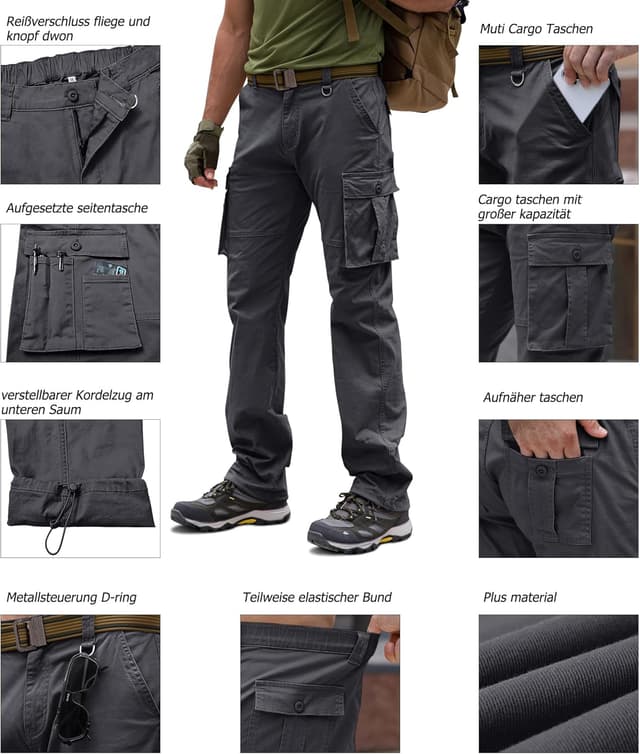 Detalle 2 de Cindeyar Cargohose Herren Relaxed Fit aus Baumwolle – Wanderhose mit Multi-Taschen und teil-elastischem Bund