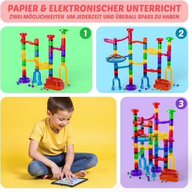 Detalle de Murmelbahn Logikspiele Mehrfarbige Kugelbahn (109 Teile) mit transparenten Bahnelementen – STEM Marble Rush Doppelspiel