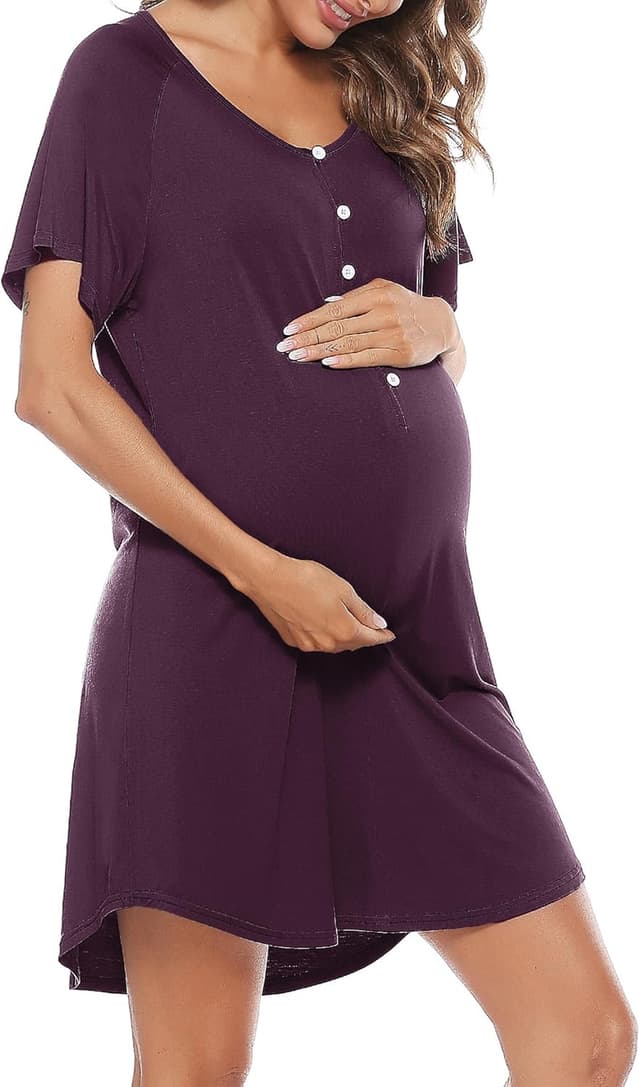 Detalle de Uniexcosm Stillnachthemd Damen Kurzarm aus Baumwolle – Umstandskleid für Schwangerschaft & Stillzeit mit Knopfleiste