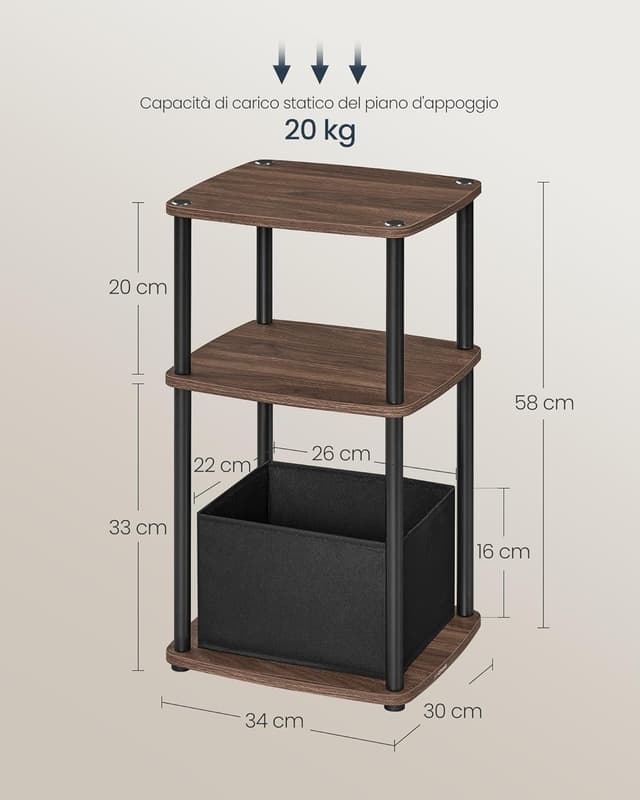 Detalle 2 de SONGMICS HOME Tavolino/Comodino con 3 ripiani e cestino in tessuto LET286K01, noce naturale, 30 x 34 x 58 cm
