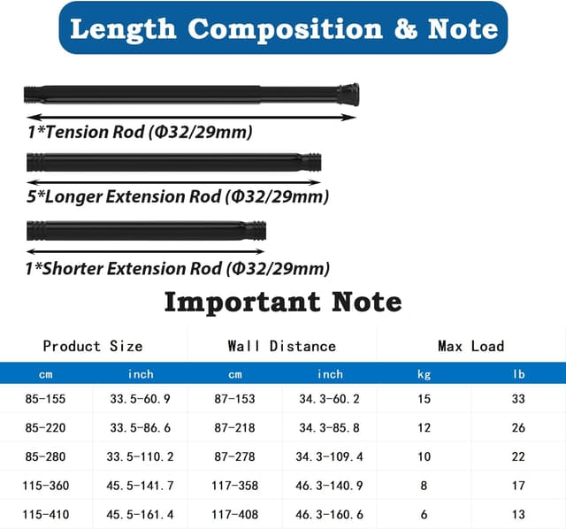 Detalle 2 de Aiitomg Extra Long Anti-Slip Shower Curtain Pole (No-Drill Tension Rail) – 190–360cm, Black, 32mm