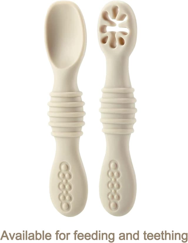 Detalle 2 de PandaEar Silikon Babylöffel & Lernlöffel für BLW, 6 Stück (BPA-frei) ab 4–6 Monaten – Beige/Braun