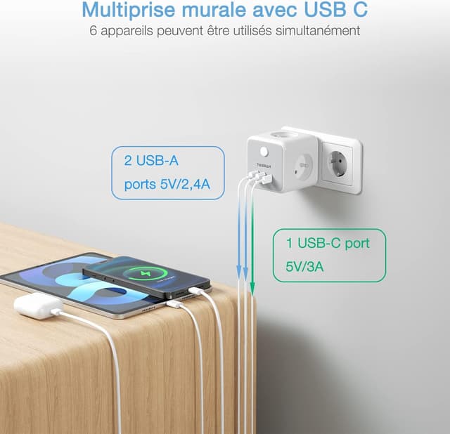 Detalle de TESSAN 6 en 1 chargeur mural USB avec multiprise française et 3 ports USB C/A, interrupteur et boîtier cube