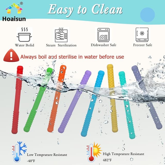 Detalle de 8 Pack Food-Grade Silicone Teething Straws (6–12 & 12–18 Months) – Hollow Teething Tubes for Babies