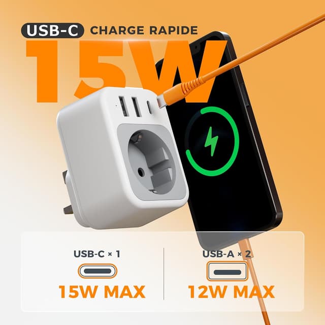 Detalle de TESSAN adaptateur prise anglaise 4 en 1 (type G) vers France : 1 USB‑C + 2 USB‑A