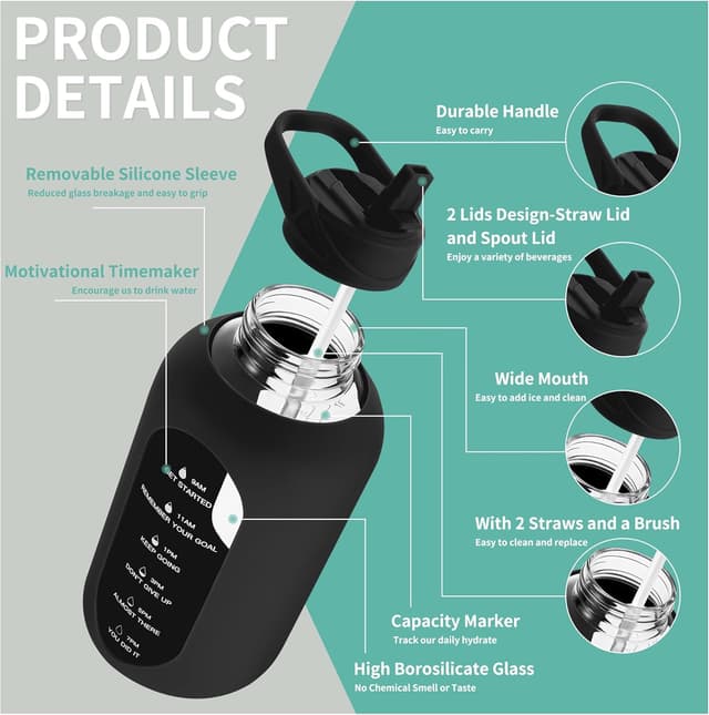 Detalle de CIVAGO 64 oz Glass Water Bottle 🚰