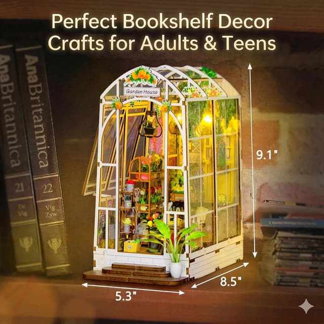 Detalle de Fimeetoy Book Nook Kit for Adults – LED Light Miniature House DIY (3D Garden View)