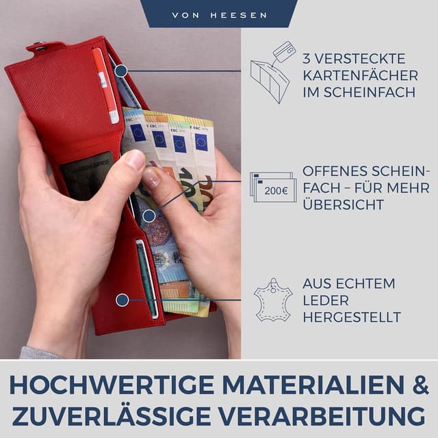 Detalle 2 de VON HEESEN Slim Wallet Rot Saffiano – RFID-geschütztes Slim-Format