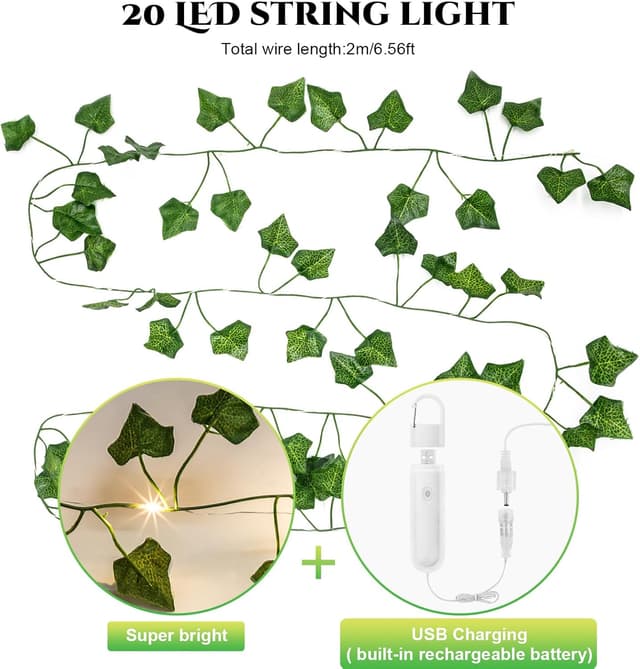 Detalle de A.bigwhale Efeu-Lichterkette mit Timer – künstliche Efeu-Girlande mit 20 LEDs (USB-aufladbar)