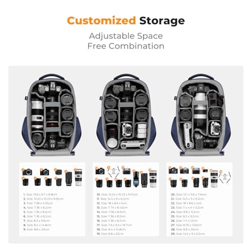 Detalle de K&F CONCEPT Mochila para cámara impermeable y resistente a golpes con compartimento para portátil de 16" (azul marino)