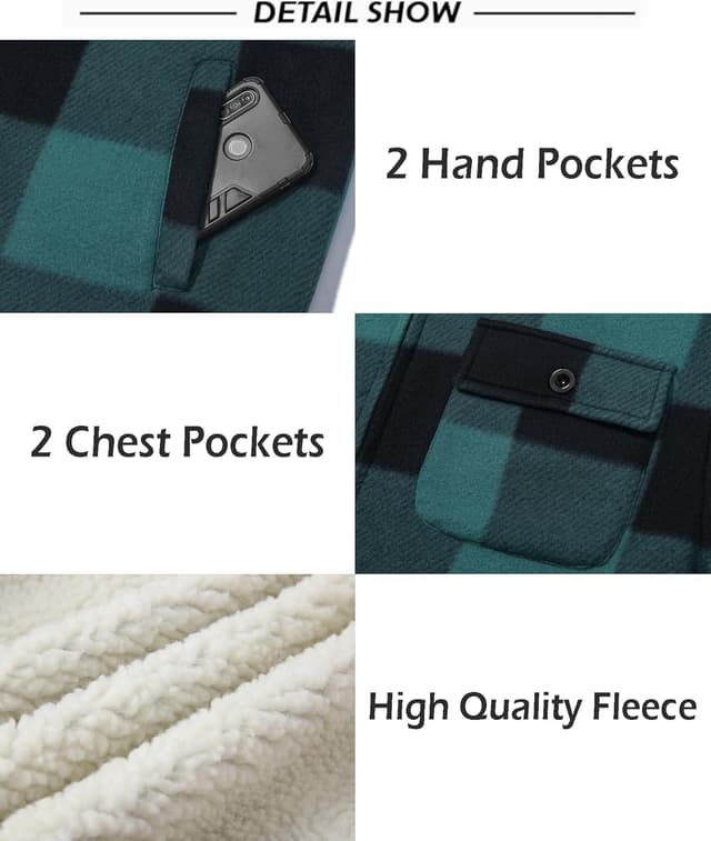 Detalle 2 de SCODI Men's Flannel Shirt Jacket Sherpa Lined Coat