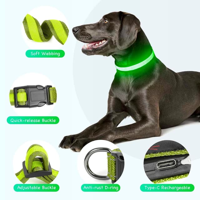 Detalle de Sugiifamy Light Up Dog Collar (Green, M) with USB Rechargeable LED Tube and Reflective Stitches