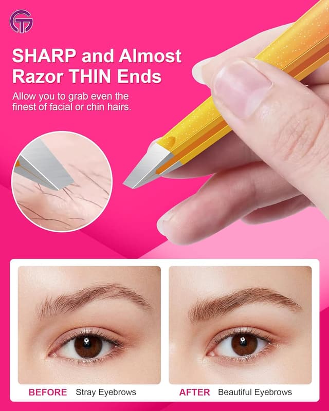 Detalle de GlamTweeler Expert Eyebrow Hair Removal Tweezer with Leather Case (Sparkle Fuchsia & Yellow) – Slant Tip Stainless Steel