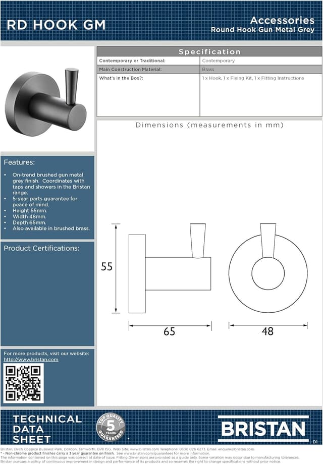 Detalle 2 de Bristan Round Hook in Gun Metal Grey (solid brass) – 55mm x 48mm