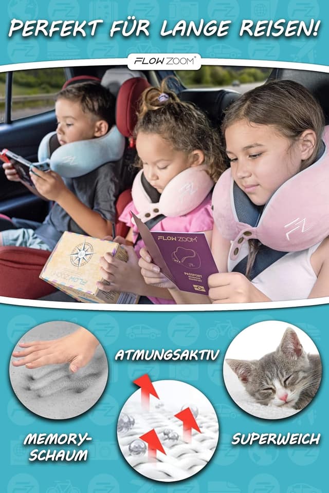 Detalle de FLOWZOOM Nackenkissen für Kinder ab 6 Jahren (Größe M) mit Memoryschaum, einstellbar & waschbezug – inkl. Beutel, Rosa