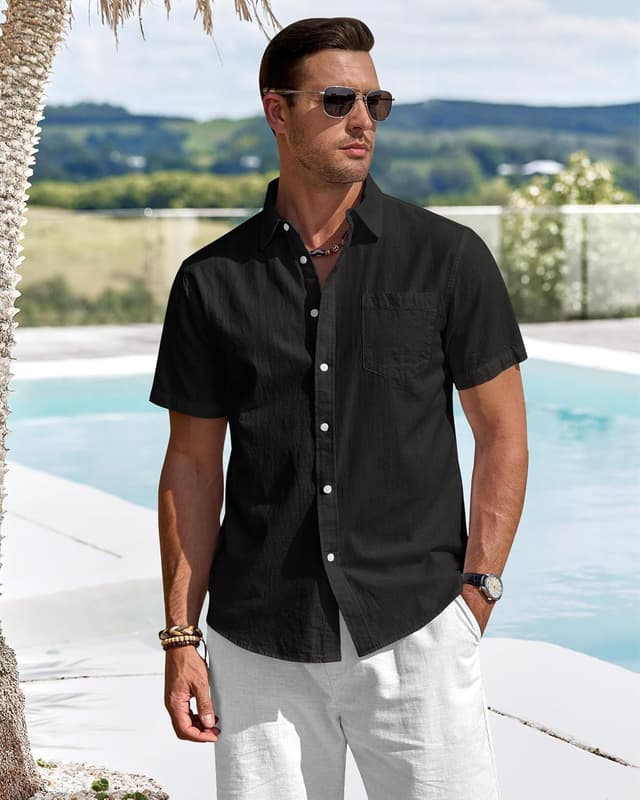 Detalle de J.VER Leinenhemd Herren (Kurzarm) – Sommer-Casual Regular Fit mit Baumwolle-Leinen