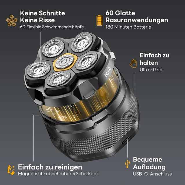 Detalle de Glatzen Rasierer Herren DOAO Kopf-Rasierer für Glatze mit 6D-Schwimmkopf, IPX6, wiederaufladbar per USB‑C