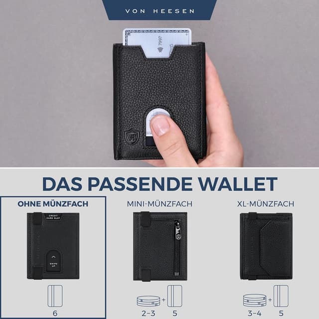 Detalle de VON HEESEN Leder Slim Wallet Geldbeutel mit RFID-Schutz – Mini-Kartenetui aus Echtleder