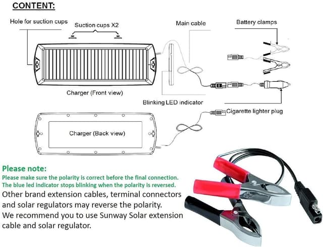 Thumbnail 6 de Sunway Solar Car Battery Trickle Charger & Maintainer (12V) with Cigarette Lighter Plug and Battery Clamps