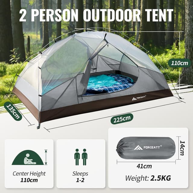 Detalle de Forceatt Camping Tent for 2–3 People (PU3000mm waterproof, 5.5lb / 2.5kg, quick set-up)