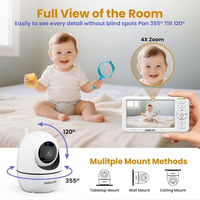 Detalle de ANMEATE 5" HD Video Baby Monitor (No WiFi) with Camera, Audio, Pan-Tilt-Zoom & Night Vision