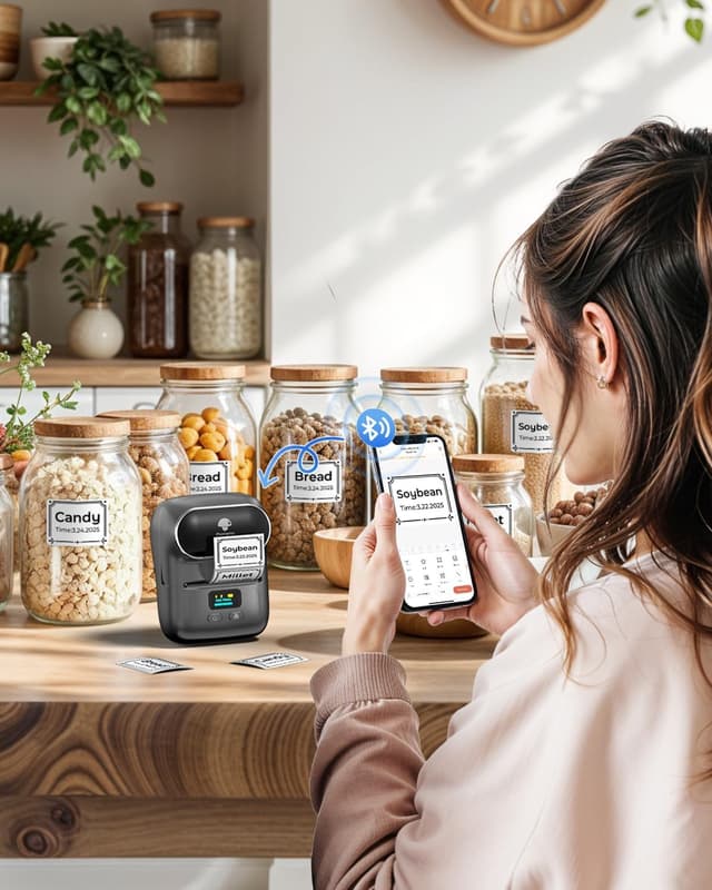 Detalle de Phomemo M110 Bluetooth-Etikettendrucker (Thermo) – tragbarer Label Printer für Barcode & Aufkleber, schwarz