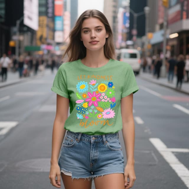 Detalle de Qskall Women’s “Flora Be Kind” T-Shirt – “Let Kindness Bloom” inspirational floral top