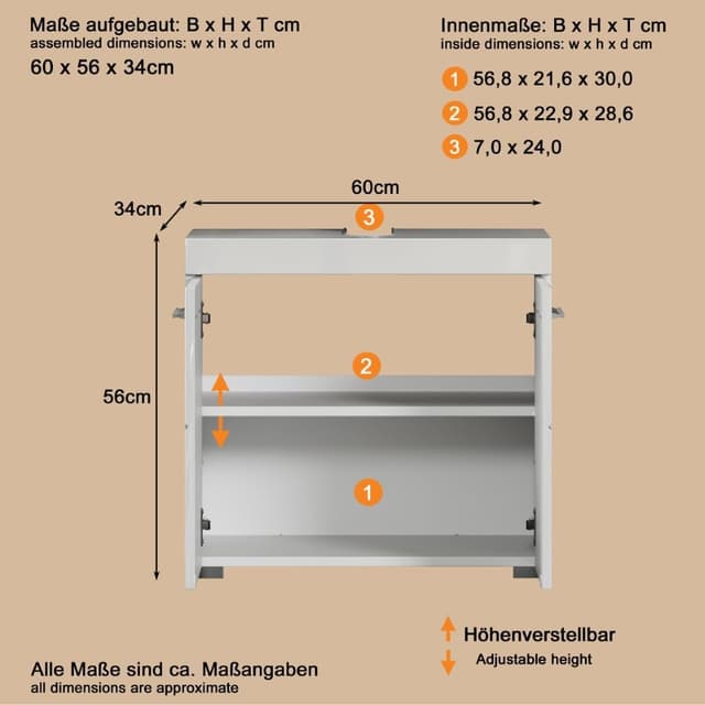 Detalle de trendteam smart living Amanda Waschbeckenunterschrank in Weiß/Weiß Hochglanz (60 x 56 x 34 cm)
